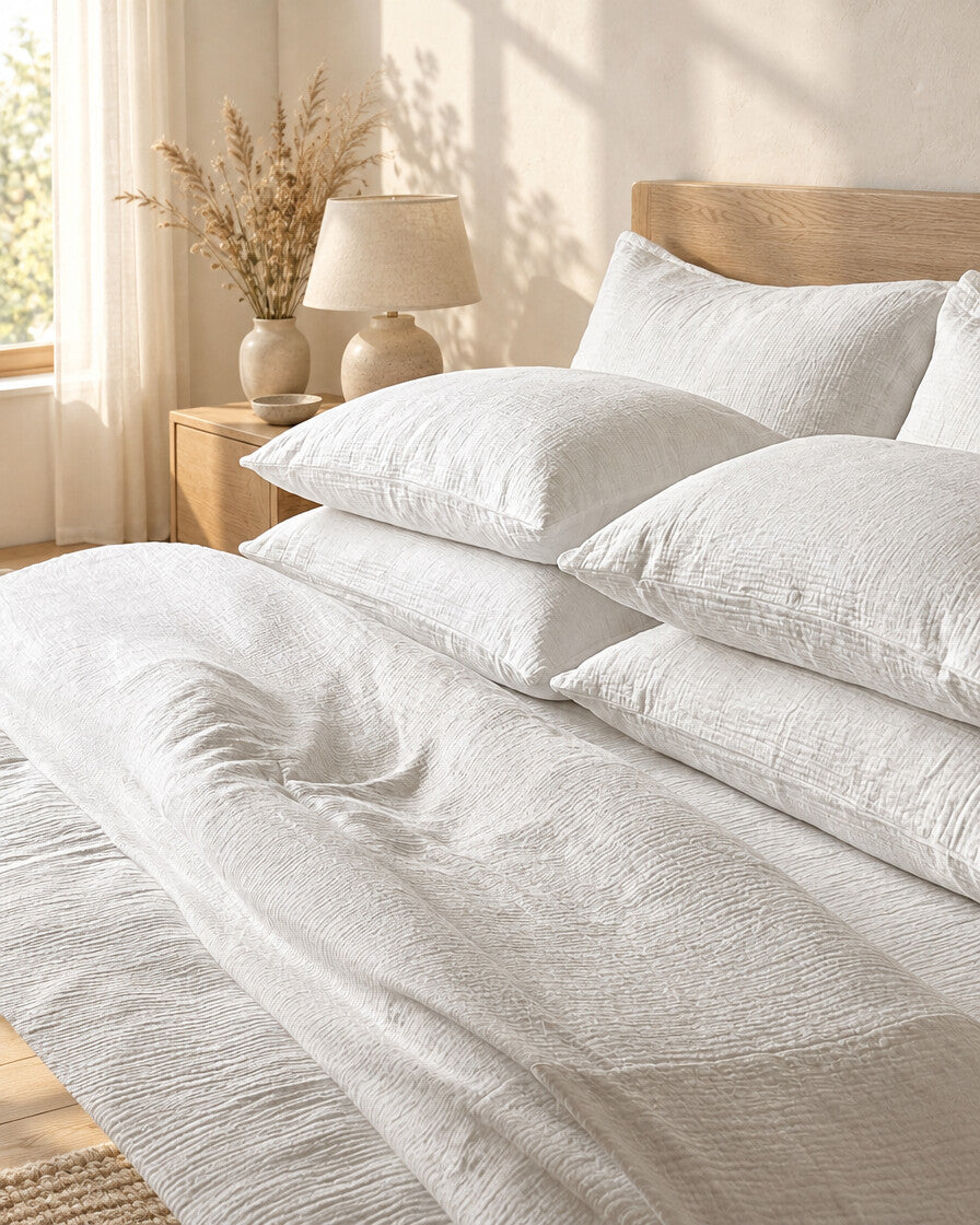 White cloud cotton duvet and pillows, styled in a calm sunlit Scandinavian bedroom