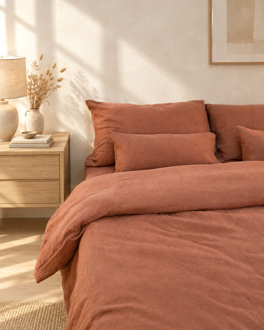 Terracotta cloud cotton bedding, styled in a calm sunlit Scandinavian bedroom