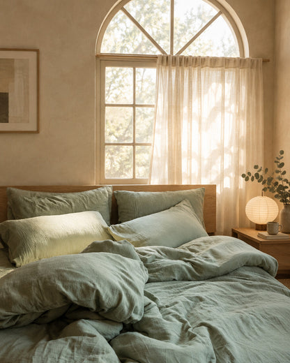 Sage green cloud cotton bedding, styled in a serene Japandi bedroom