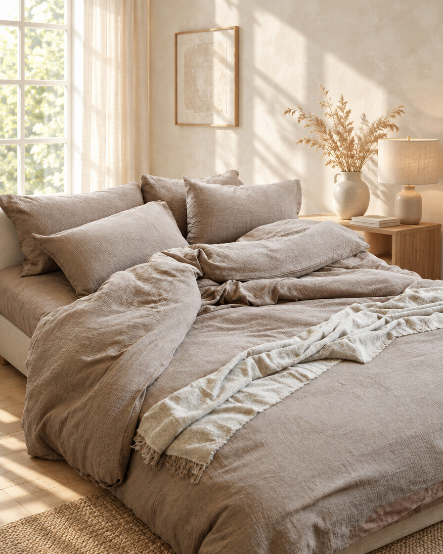 Greige cloud cotton bedding, styled in a calm sunlit Scandinavian bedroom