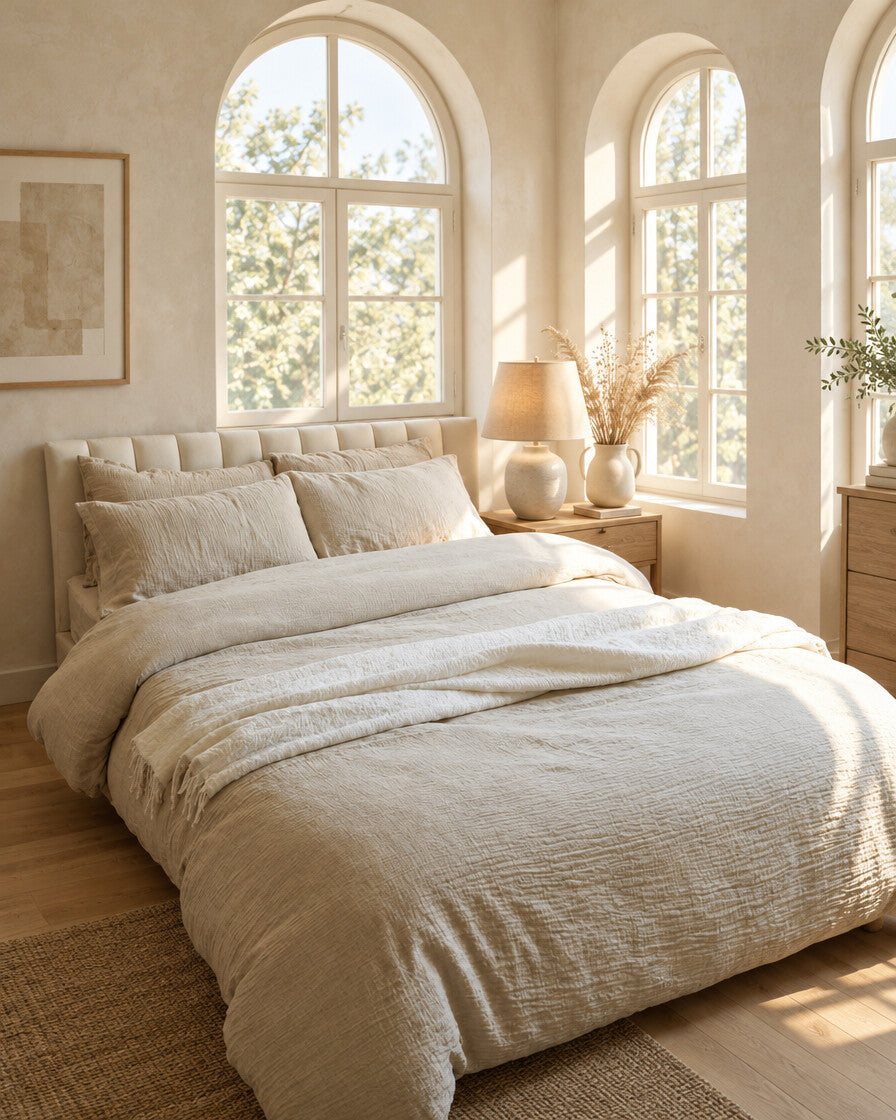 Cream cloud cotton bedding, styled in a calm sunlit Scandinavian bedroom