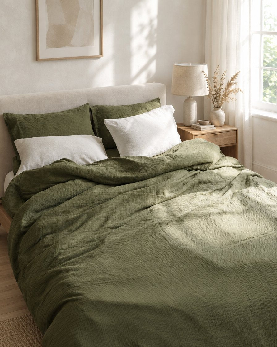 Olive green cloud cotton bedding, styled in a calm sunlit Scandinavian bedroom