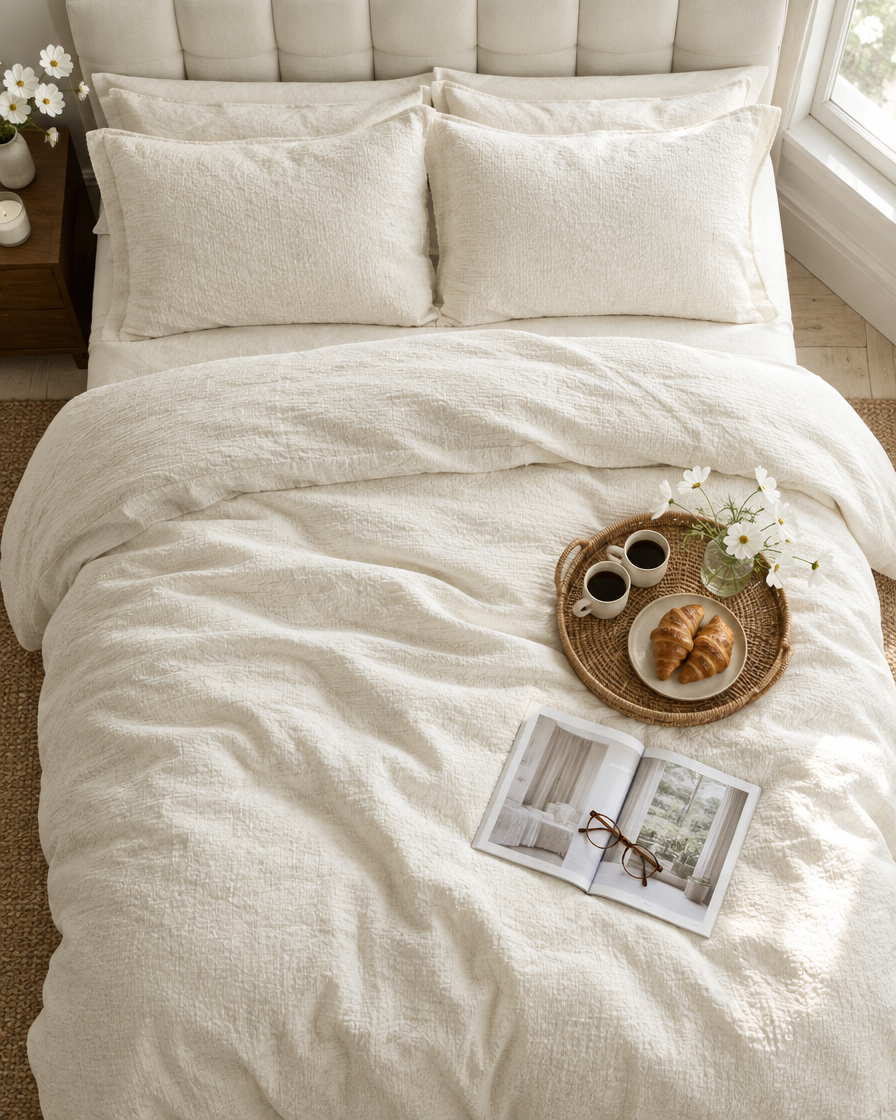 Off-white Cloud Cotton bedding set from above, with a rattan breakfast tray of coffee and croissants on the duvet
