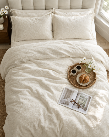 Off-white Cloud Cotton bedding set from above, with a rattan breakfast tray of coffee and croissants on the duvet