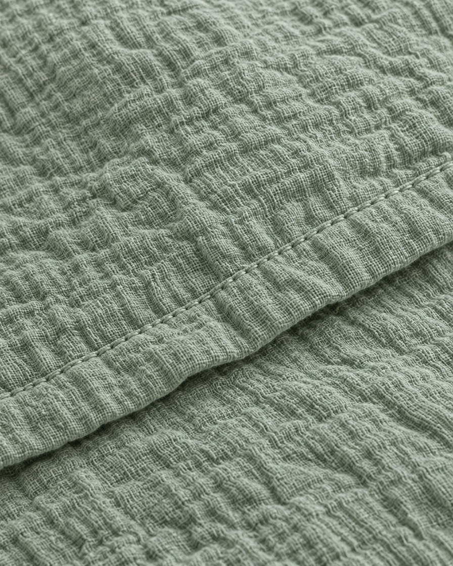 Close-up of stitched hem of the duvet cover in Mint Green Cloud Cotton