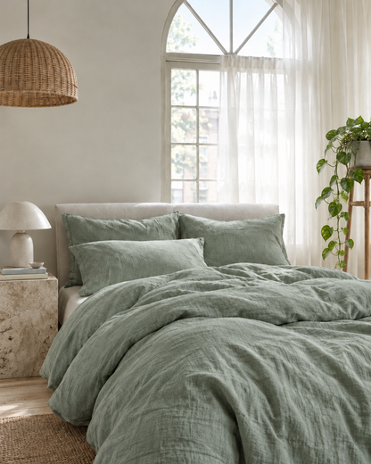 Mint Green cloud cotton bedding set in soft grey-sage beneath an arched window