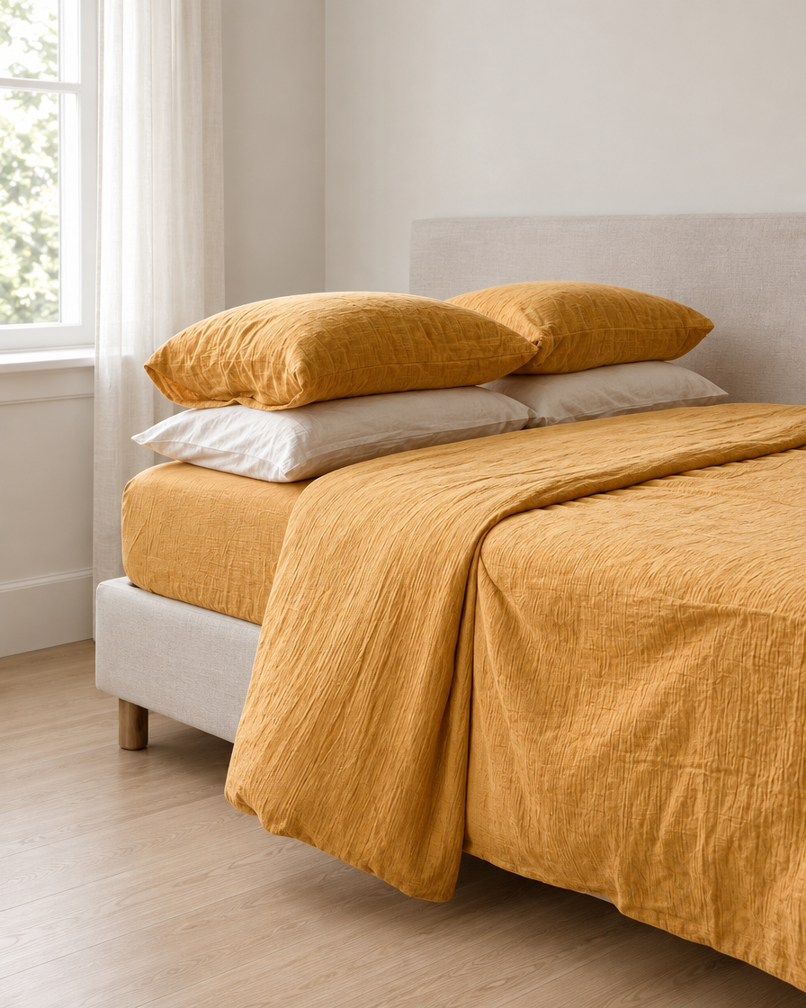 Mustard Bedding Set - Cloud Cotton made up on a bed in a calm, light bedroom