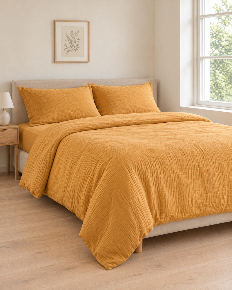 Mustard Cloud Cotton bedding set, crinkled double gauze duvet cover, pillowcases and fitted sheet