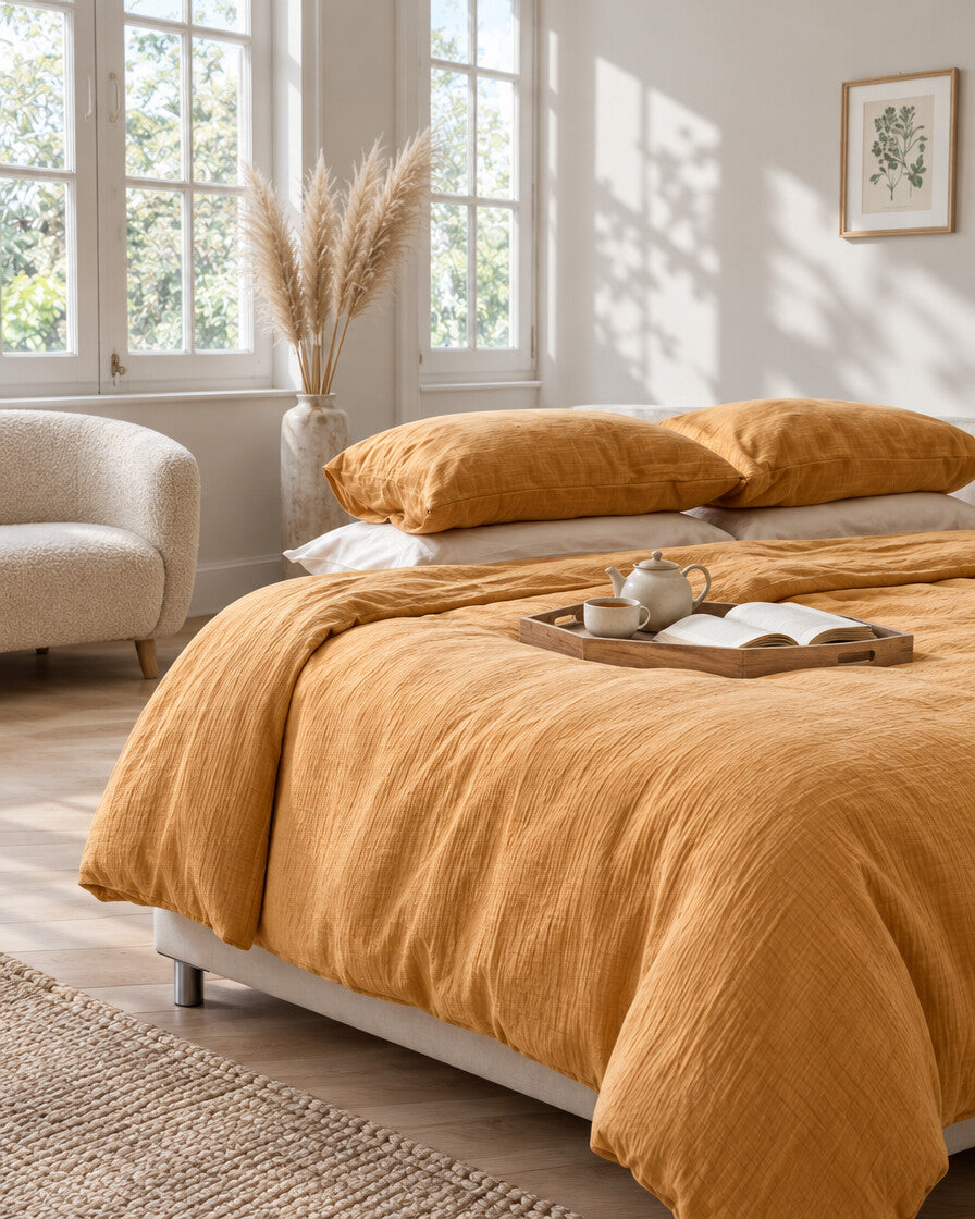 Ochre cloud cotton bedding set with a tea tray and open book, a boucle armchair in the corner