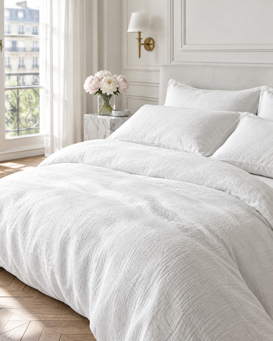 White cloud cotton bedding set in a Parisian bedroom with panelled walls and fresh peonies