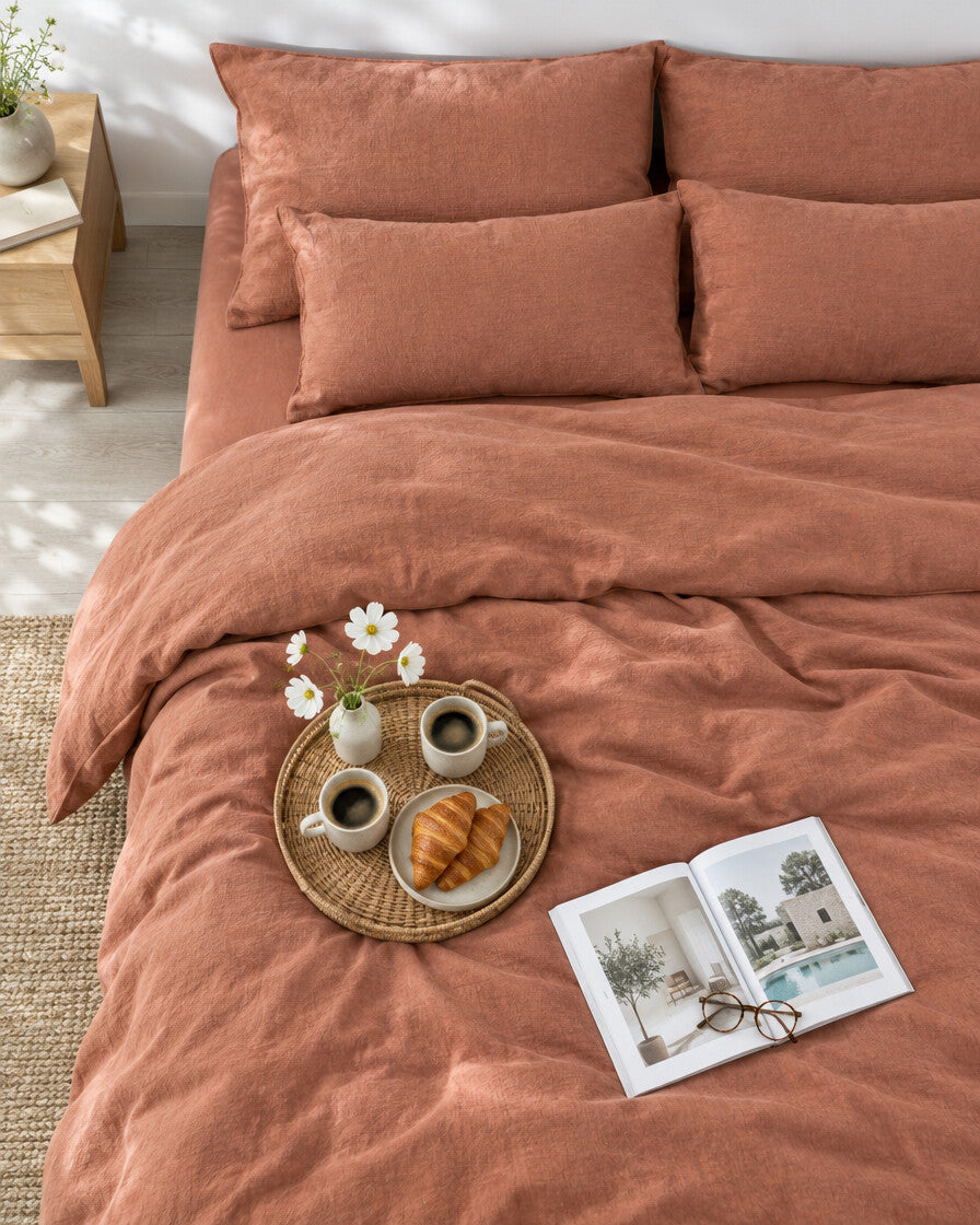 Terracotta cloud cotton bedding set seen from above with a breakfast tray of coffee and croissants
