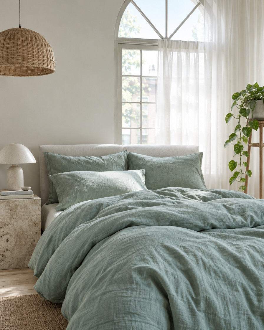 Sage green cloud cotton bedding set beneath an arched window with a trailing pothos and rattan pendant