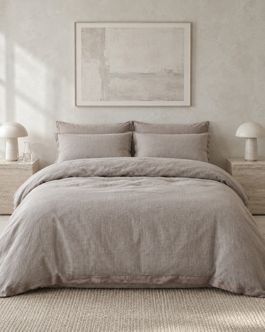 Greige cloud cotton bedding set against a limewashed plaster wall between travertine bedside tables