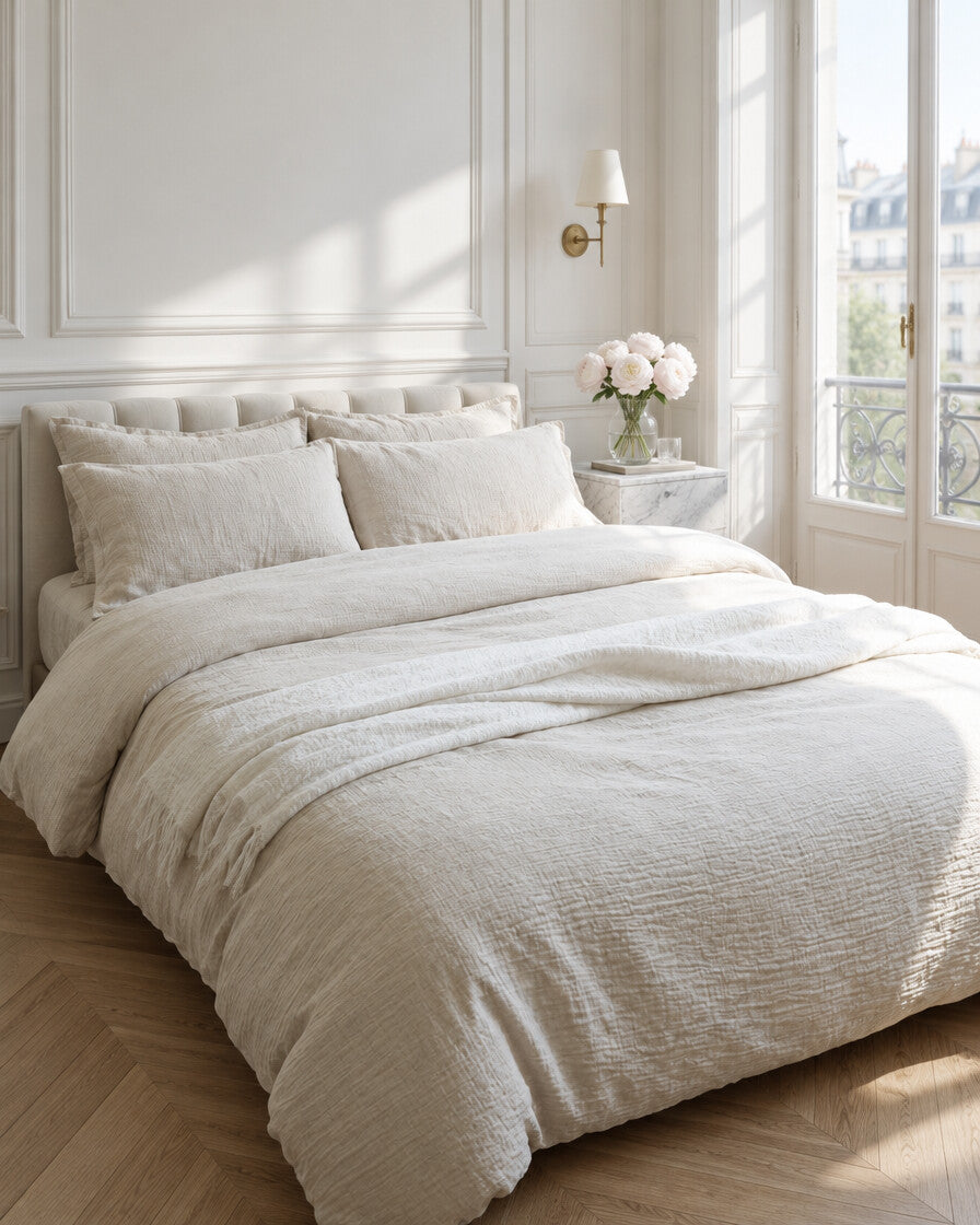 Cream cloud cotton bedding set in a Parisian bedroom with panelled walls and fresh peonies