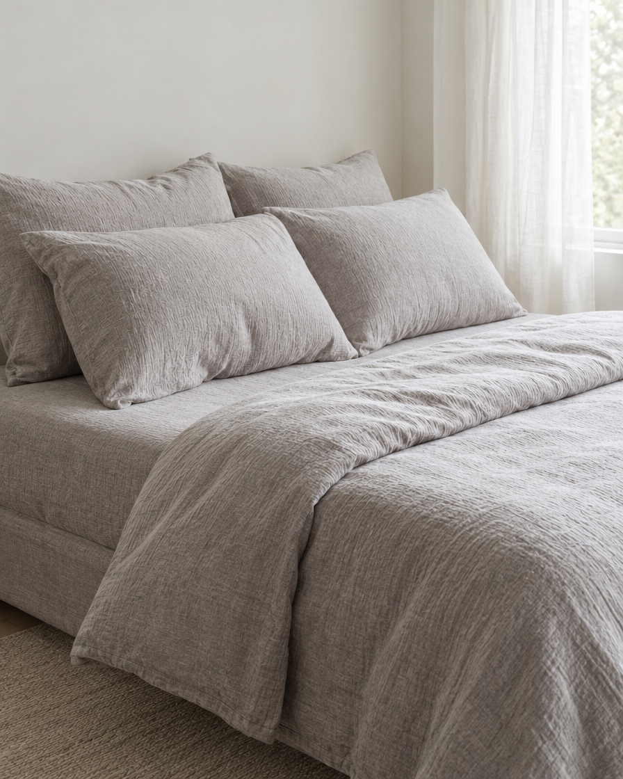 Warm Grey Bedding Set - Cloud Cotton made up on a bed in a calm, light bedroom