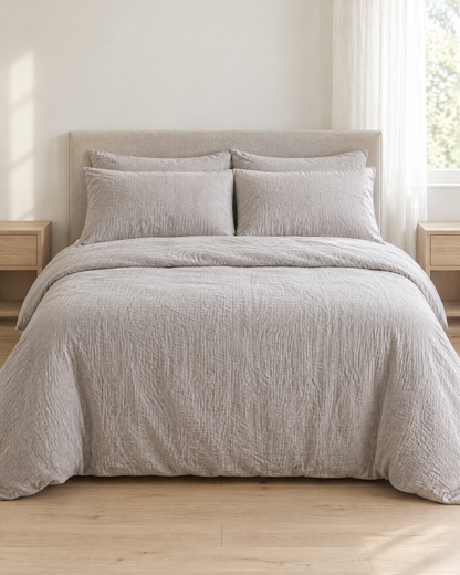 Warm Grey Cloud Cotton bedding set, crinkled double gauze duvet cover and pillowcases on a made bed