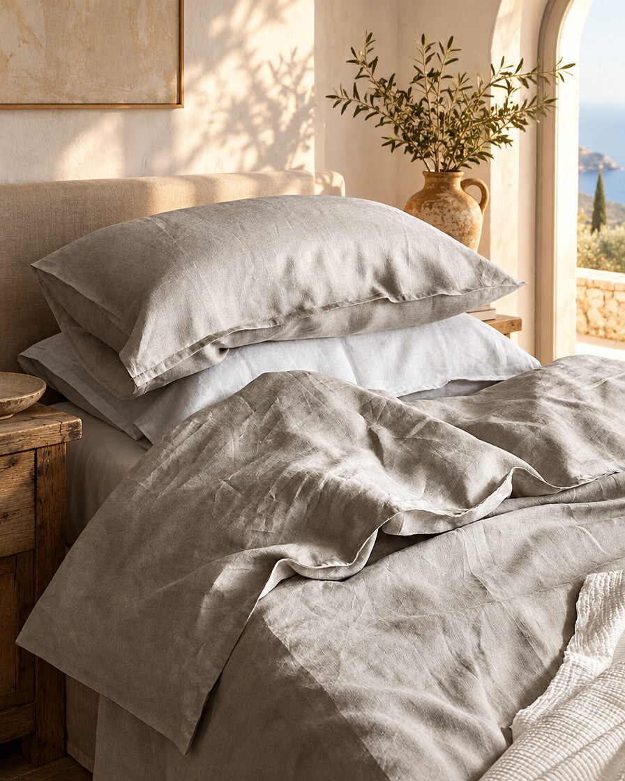 Silver French linen pillows and duvet, styled in a sun-washed Mediterranean bedroom