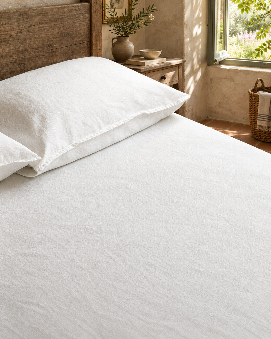 White French linen sheet and pillowcase, styled in a relaxed European country-house bedroom