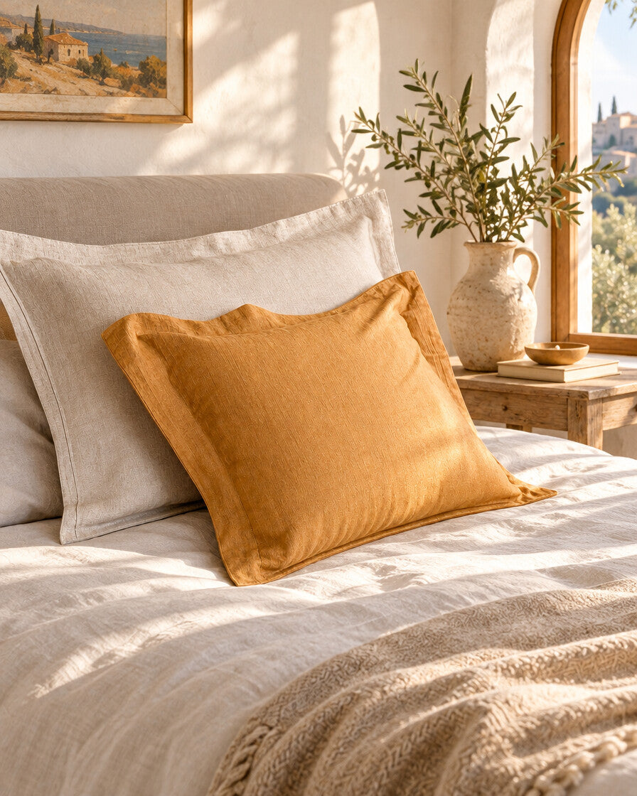 Mustard and cream linen cushions, styled in a sun-washed Mediterranean bedroom