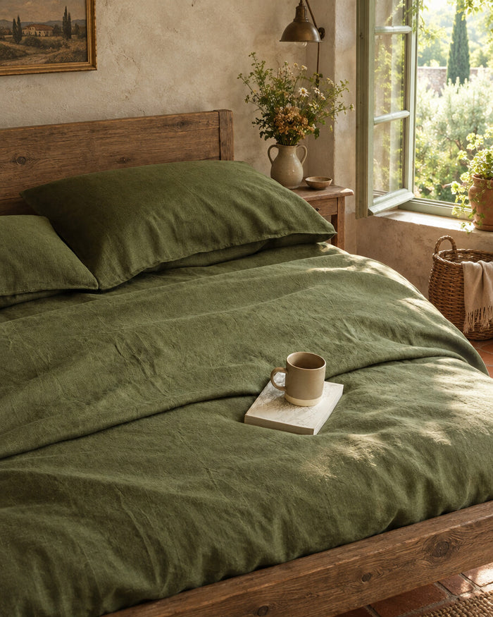 Moss green stonewashed French linen bedding