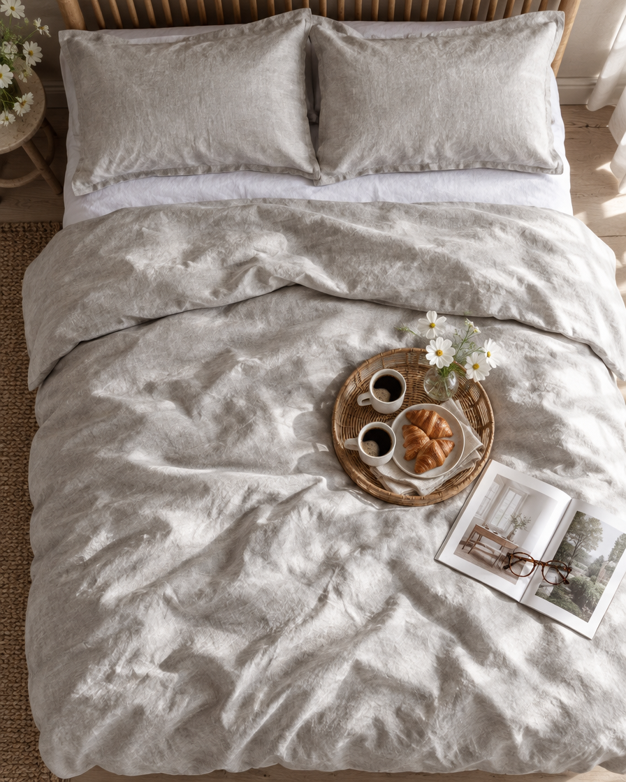 Mist French linen bedding set from above, rumpled, with a breakfast tray, white cosmos and a magazine