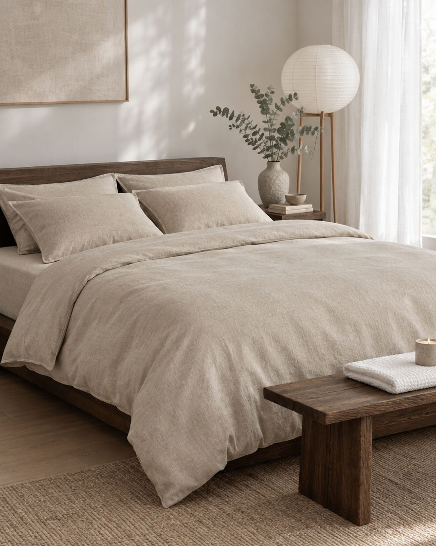Natural linen bedding on a low dark-oak bed in a Japandi room, with a paper lantern, eucalyptus and a candle on a bench.