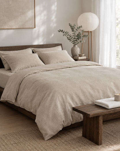 Natural linen bedding on a low dark-oak bed in a Japandi room, with a paper lantern, eucalyptus and a candle on a bench.