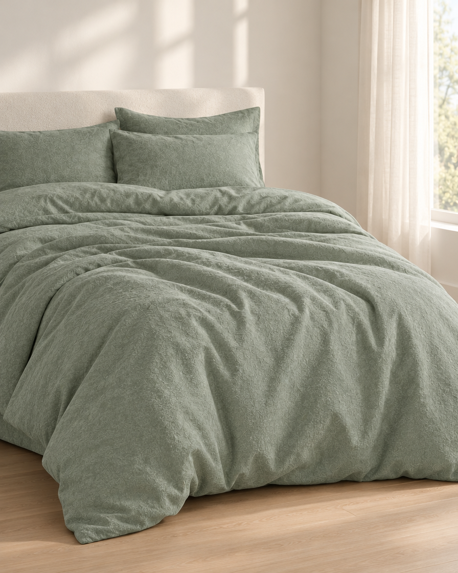 Sage Bedding Set - Linen made up on a bed in a calm, light bedroom