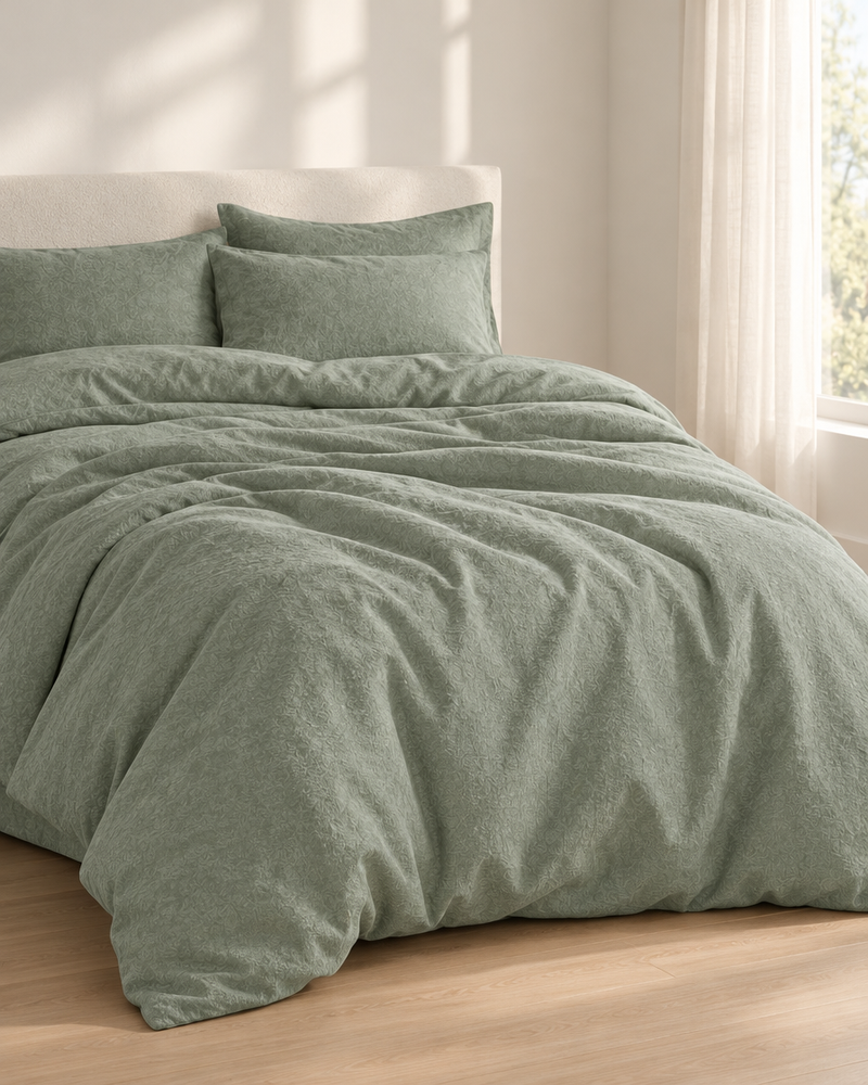 Sage Bedding Set - Linen made up on a bed in a calm, light bedroom