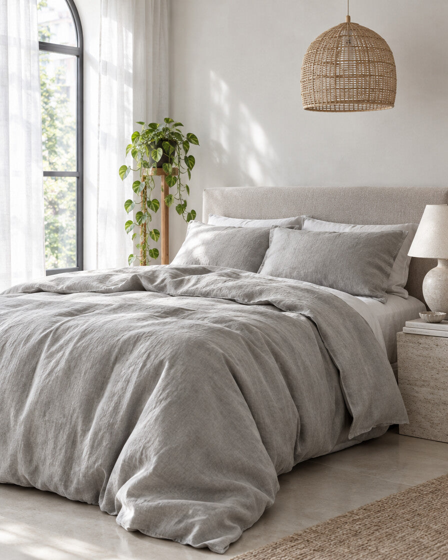 Silver French linen bedding set beneath an arched window with a trailing pothos and rattan pendant