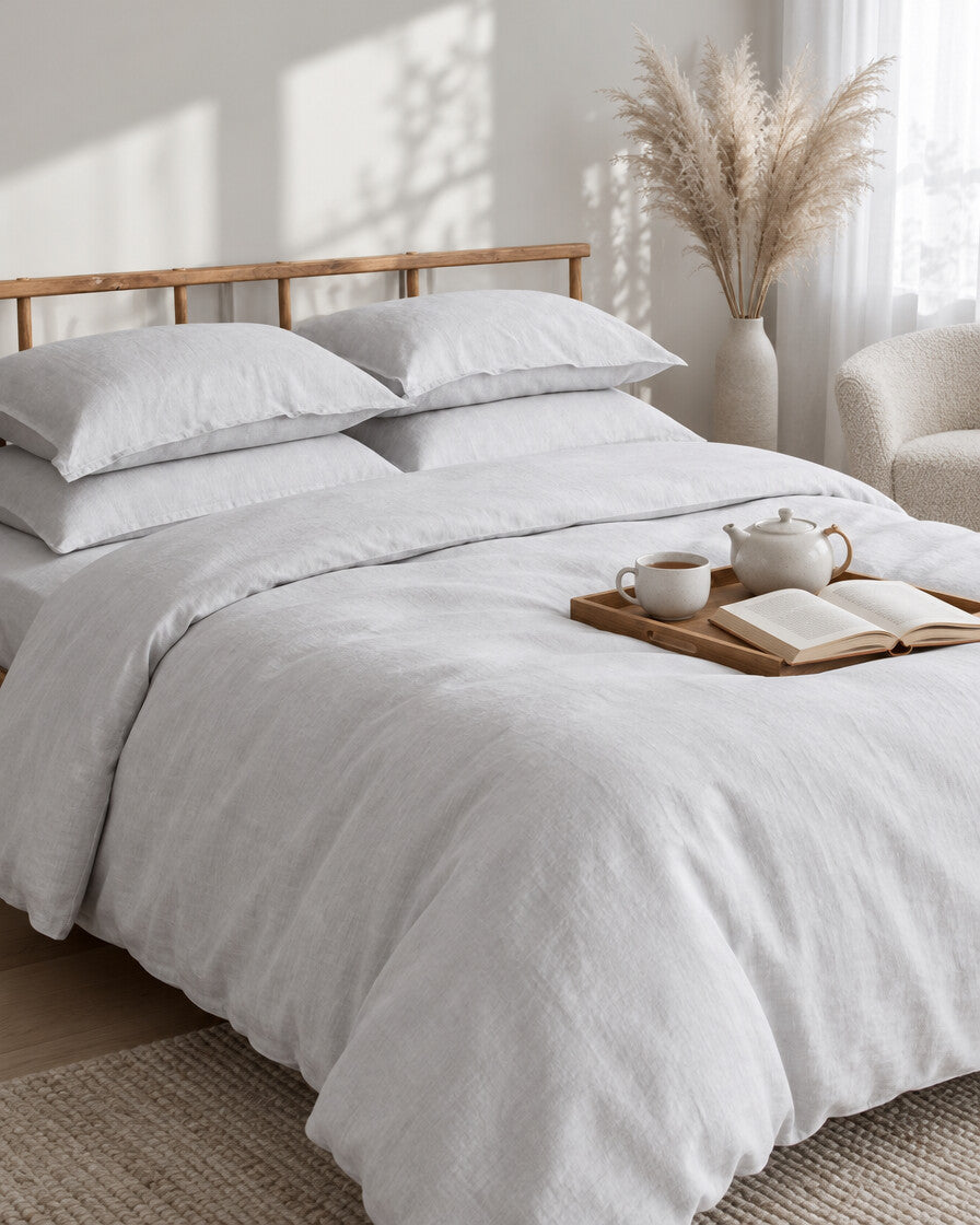 White French linen bedding set with a tea tray and open book, a boucle armchair in the corner