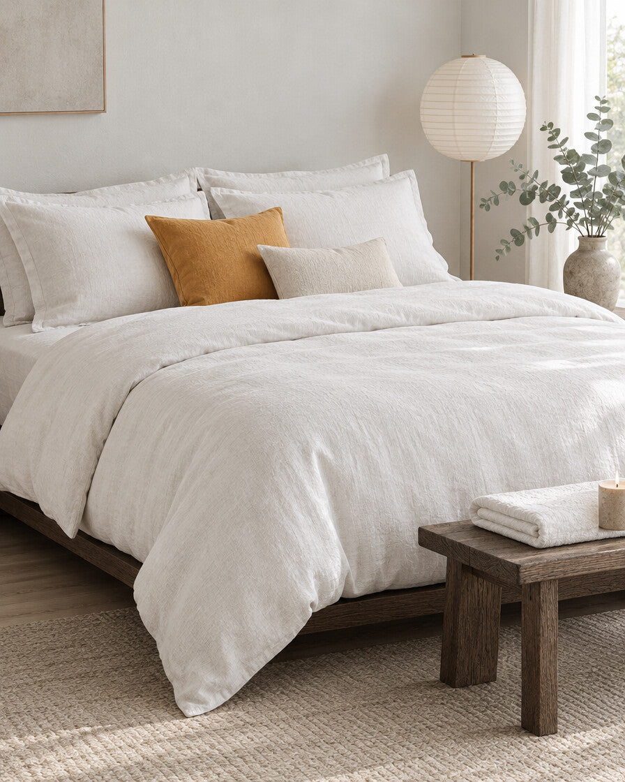 White French linen bedding set with mustard and cream cushions in a calm Japandi bedroom on a low dark-oak bed