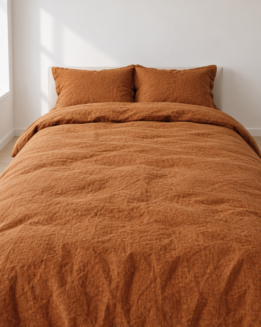 Terracotta Bedding Set - Linen made up on a bed in a calm, light bedroom