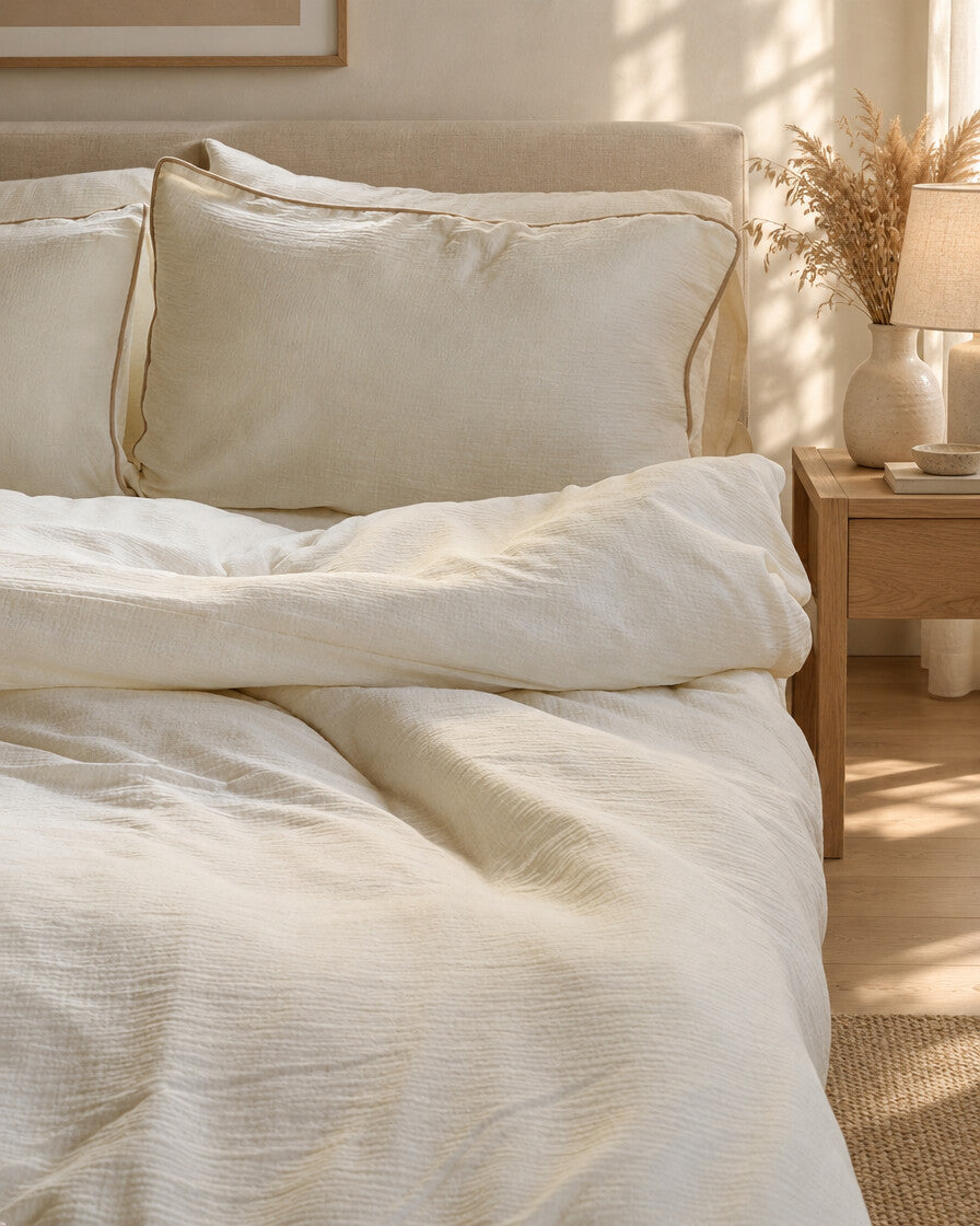 Cream piped cloud cotton duvet, styled in a calm sunlit Scandinavian bedroom