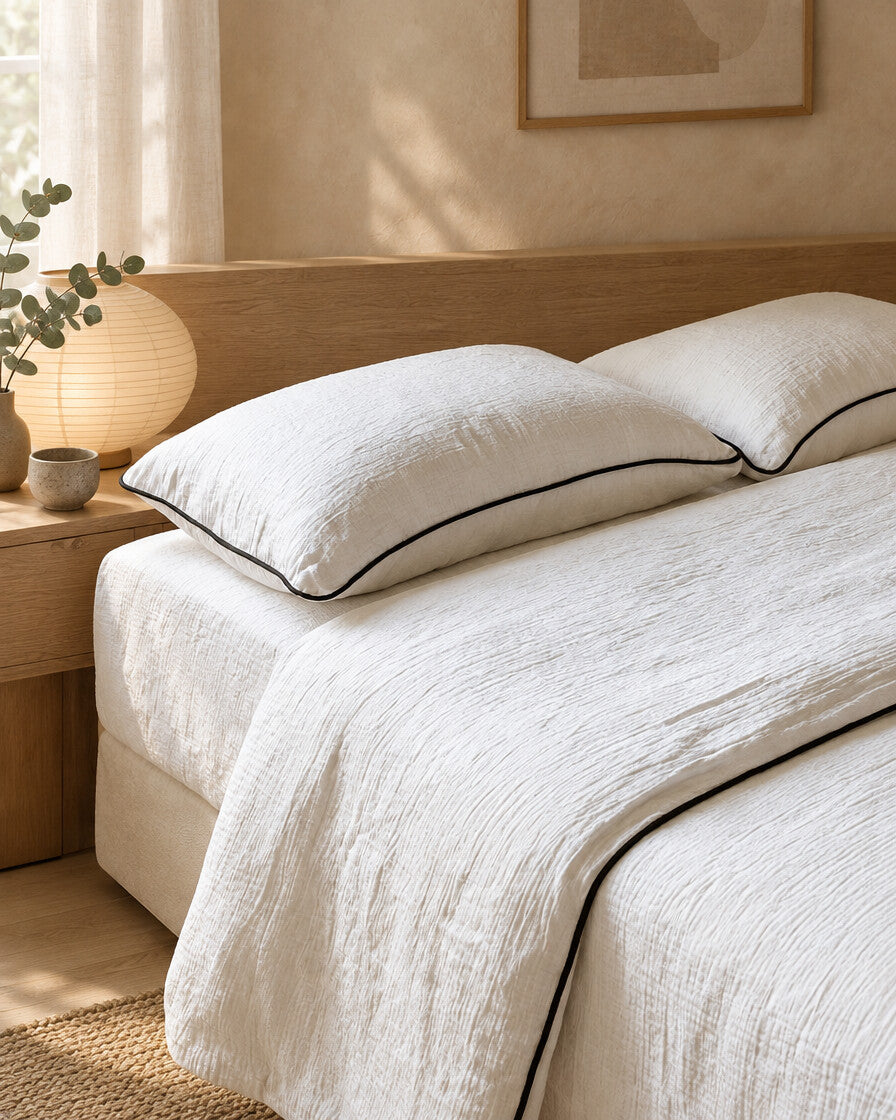 White piped cloud cotton pillow, styled in a serene Japandi bedroom