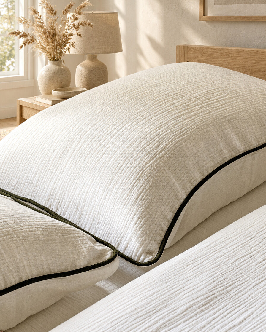 Cream piped cloud cotton pillow with dark piping, styled in a calm sunlit Scandinavian bedroom