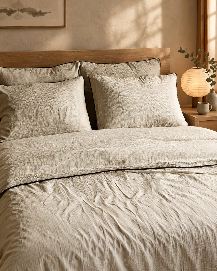 Taupe piped cloud cotton pillows and duvet, styled in a serene Japandi bedroom