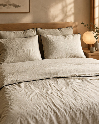 Taupe piped cloud cotton pillows and duvet, styled in a serene Japandi bedroom