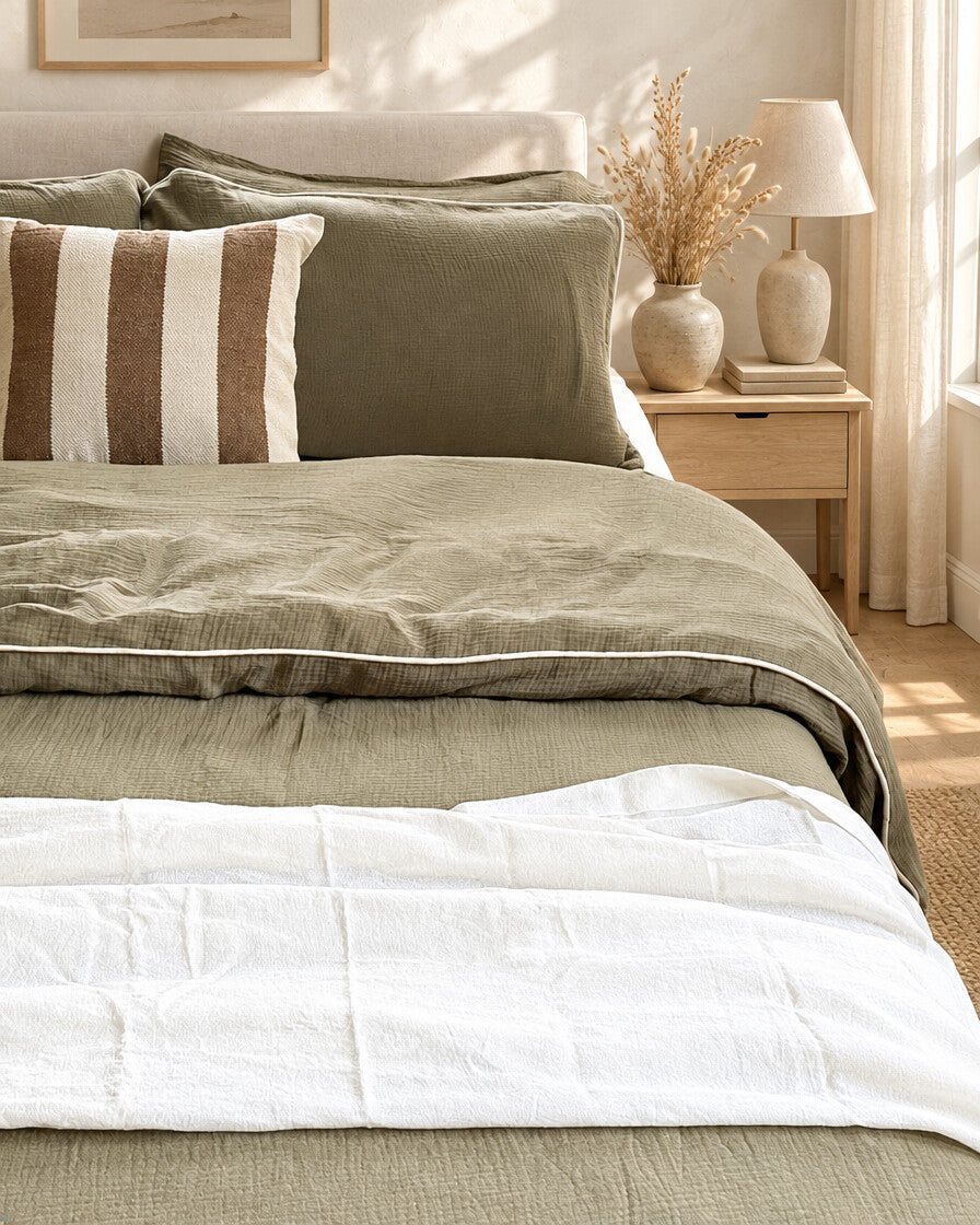 Taupe piped cloud cotton bedding, styled in a calm sunlit Scandinavian bedroom