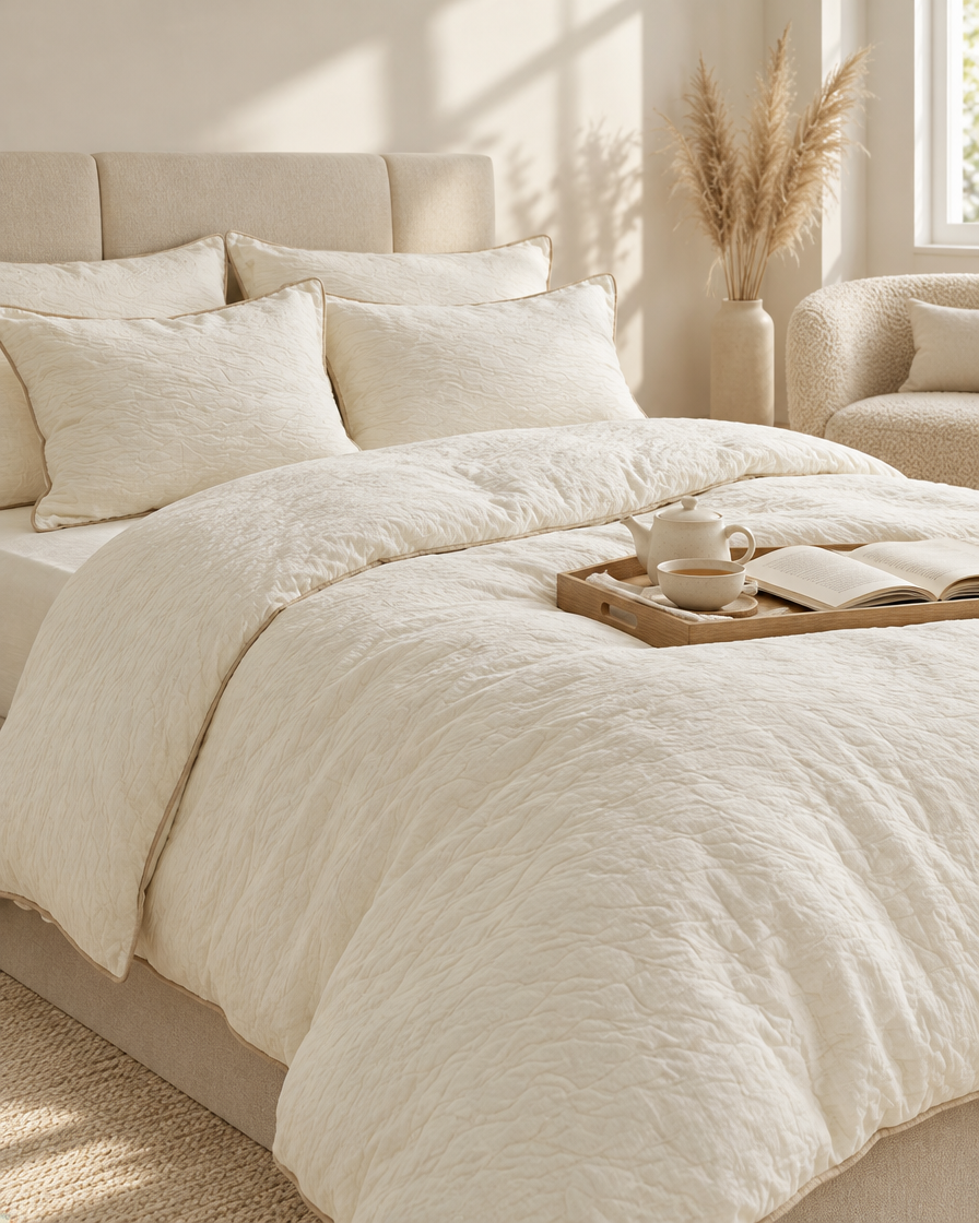 Cream Piped Cloud Cotton bedding set with tan piping, a tea tray on the duvet and a bouclé armchair in the corner