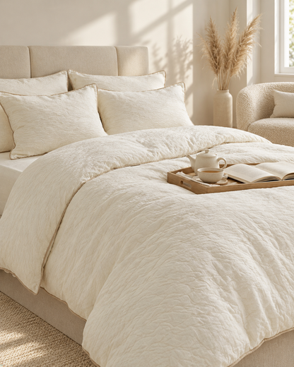 Cream Piped Cloud Cotton bedding set with tan piping, a tea tray on the duvet and a bouclé armchair in the corner