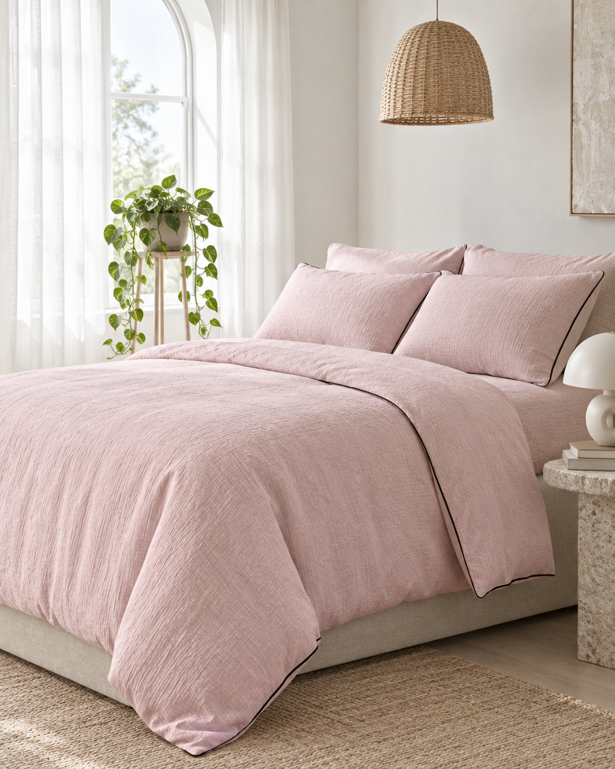 Pale Pink piped cloud cotton bedding with fine dark piping beside an arched window, a trailing pothos and rattan pendant.