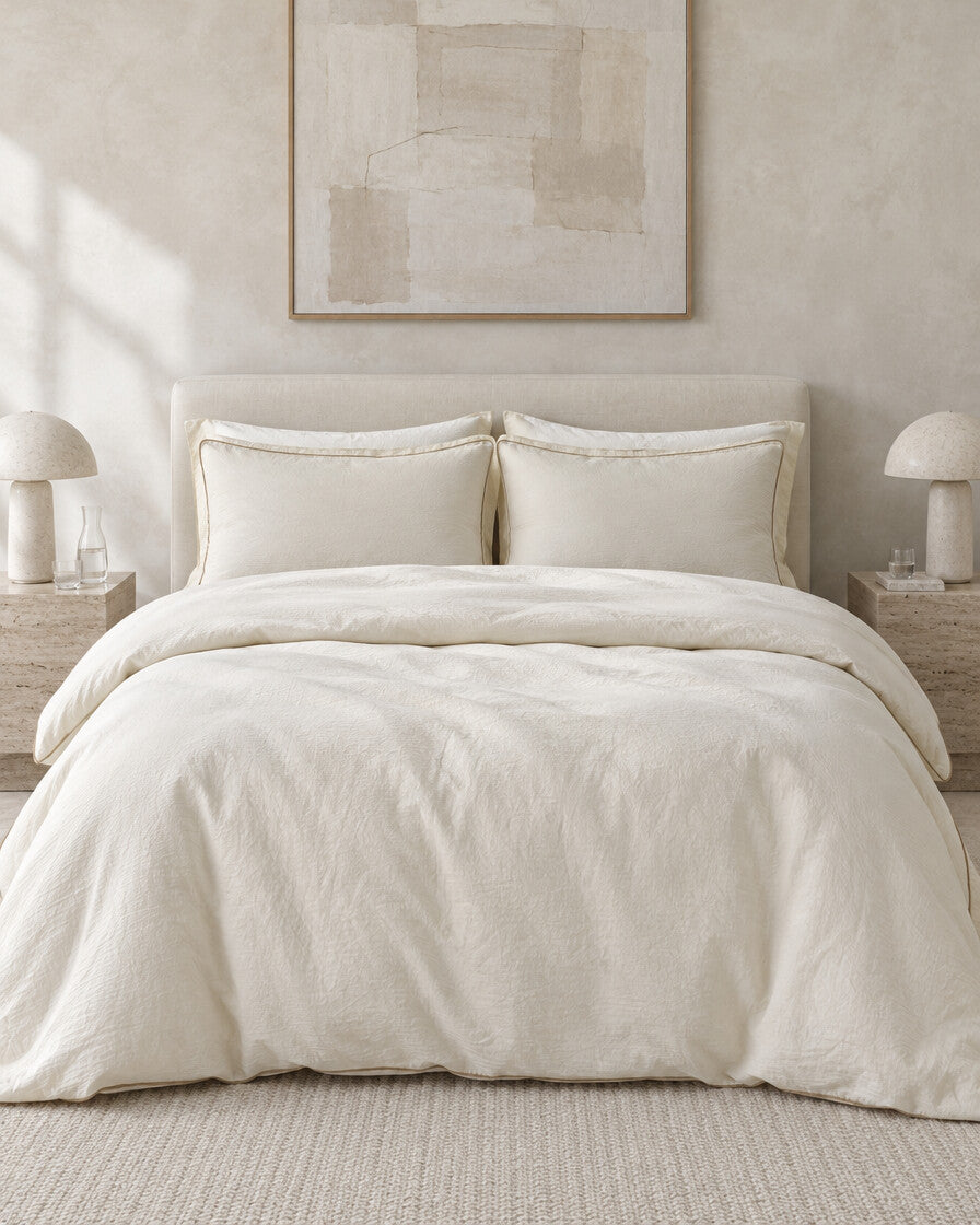Cream piped cloud cotton bedding set against a limewashed plaster wall between travertine bedside tables