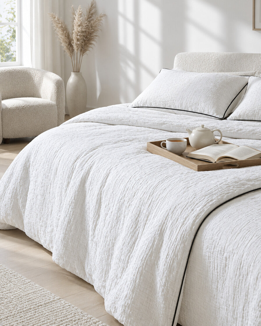 White piped cloud cotton bedding set with a tea tray and open book, a boucle armchair in the corner