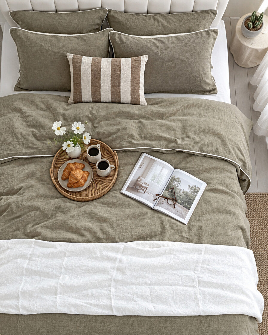 Taupe piped cloud cotton bedding set seen from above with a breakfast tray of coffee and croissants