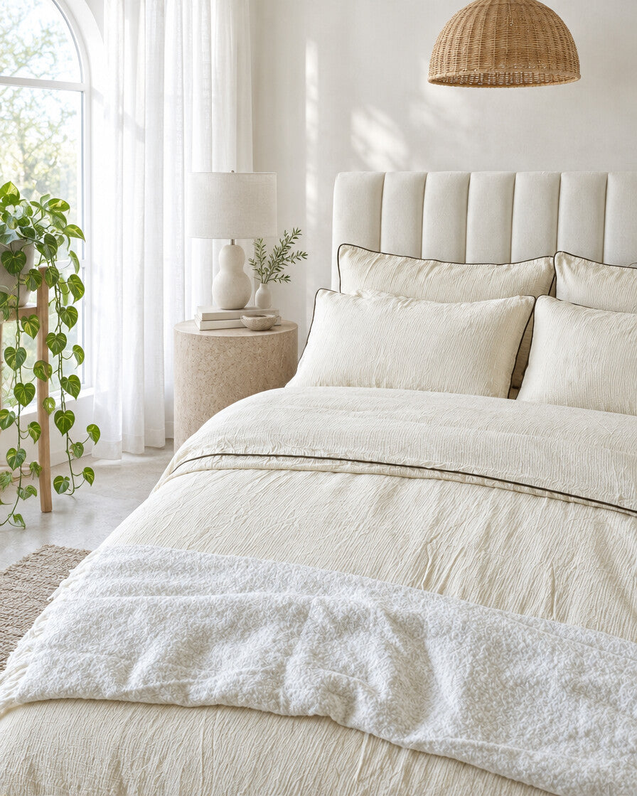 Cream piped cloud cotton bedding set beneath an arched window with a trailing pothos and rattan pendant, styled in calm neutrals