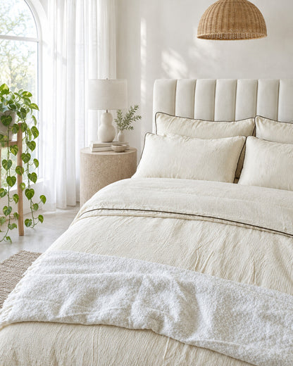 Cream piped cloud cotton bedding set beneath an arched window with a trailing pothos and rattan pendant, styled in calm neutrals