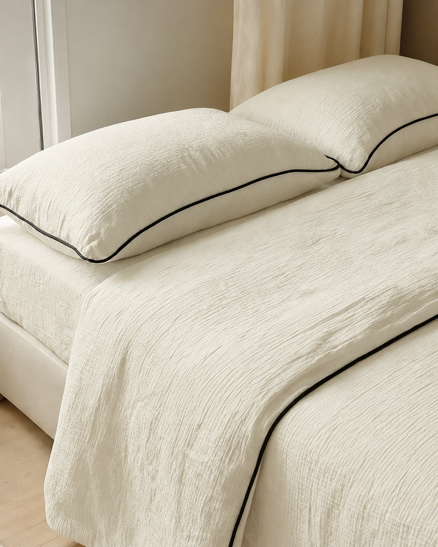 Vanilla piped cloud cotton bedding with black contrast piping on the pillows and duvet edge.
