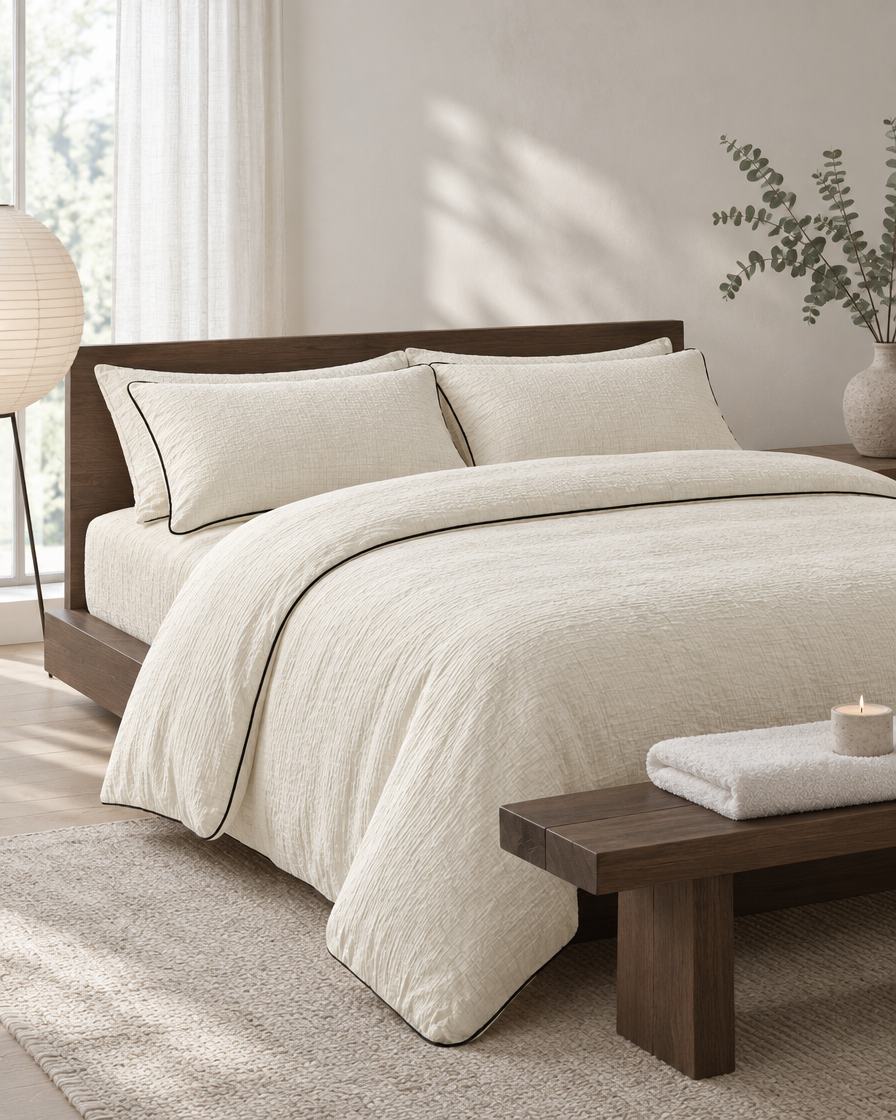 Vanilla piped cloud cotton bedding with dark piping on a dark-oak platform bed, a paper lantern and a bench at its foot.