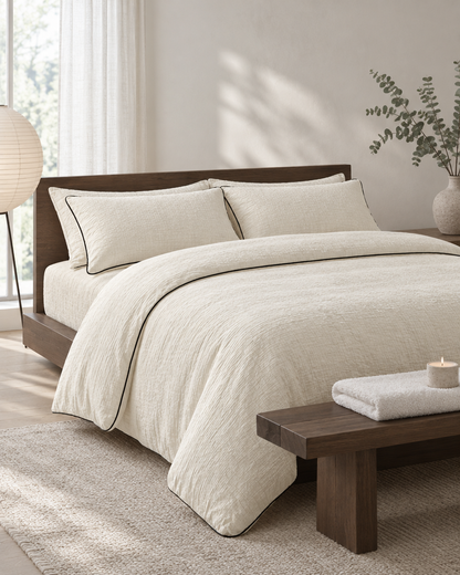 Vanilla piped cloud cotton bedding with dark piping on a dark-oak platform bed, a paper lantern and a bench at its foot.